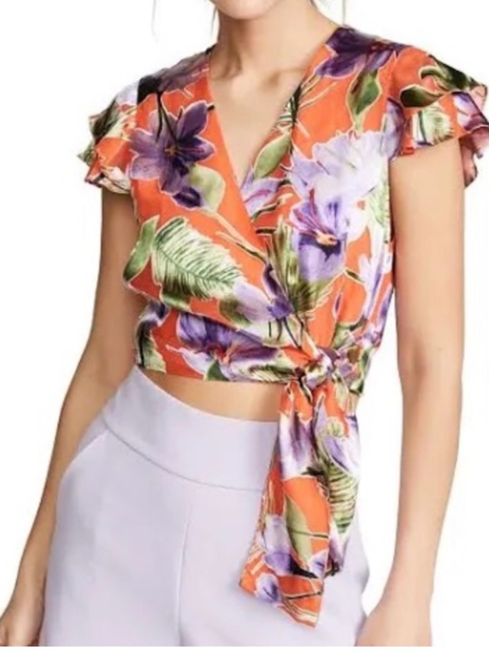 Alice + Olivia Floral Palm Coral Wrap Crop Top with Purple Blossoms